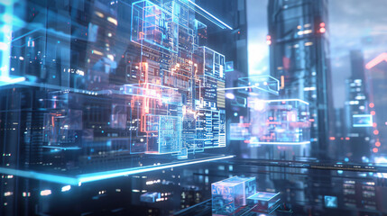 Digital Cityscape with Blue and Red Lights for Technology Background with copy space text for website