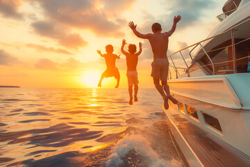 Father and sons jumping into water from swim deck of yacht in sunset