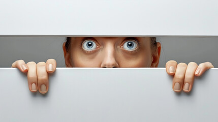 A woman with blue eyes is peeking out from behind a white door. Concept of curiosity and anticipation, as the woman's gaze is directed towards something beyond the door