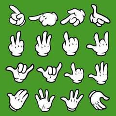 Set of cartoon hands in gloves. Retro style mascot hands. Rubber hose style hands. Vector illustration