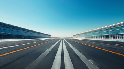 A long, empty road with a few buildings in the background