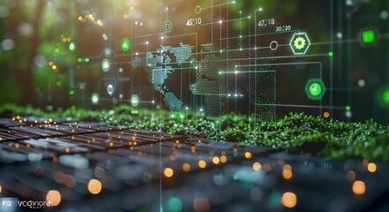 Renewable energy concept, solar panel with graphic efficiency interface, nature background - Powered by Adobe