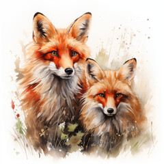Obraz premium Watercolored fox couple animal in cartoonstyle