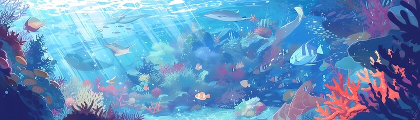 Fototapeta premium a colorful school of fish, including orange, white, and blue varieties, swim among vibrant corals in a vibrant underwater world