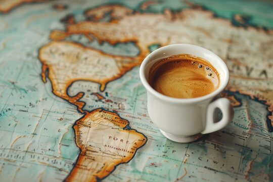 coffee cup on world map