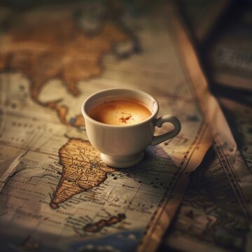 coffee cup on world map