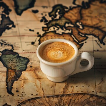 coffee cup on world map