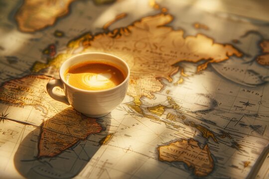 coffee cup on world map