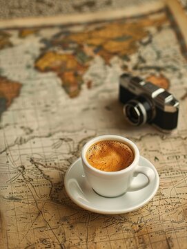a coffee cup and a vintage camera on a world map