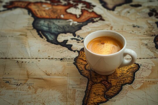 coffee cup on world map