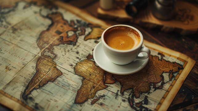 coffee cup on world map