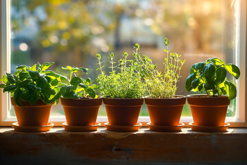Fresh green herbs, basil, rosemary and coriander in pots placed on a window frame