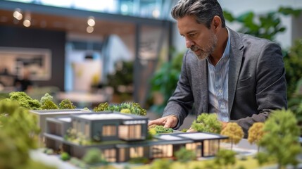 Architect examining a detailed architectural model in a bright, modern office setting surrounded by plants.