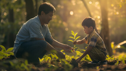 Asian Father and Son: A Heartwarming Moment of Planting Trees for a Greener Future