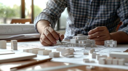 Naklejka premium Architect working on a miniature building model, focusing on design and planning details in an office setting with various tools and blueprints.
