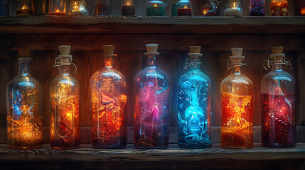  A collection of eerie, glowing potions on a wooden shelf in a dark room.