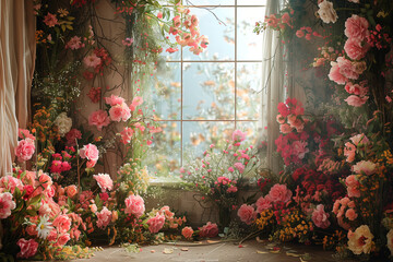 Maternity backdrop, wedding backdrop, photography background with delicate flowers and vintage wall.