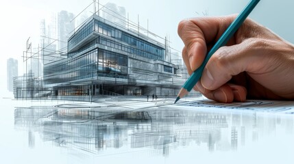 Architectural blueprint sketch of a modern building, highlighting design and construction process. Hand drawing with architectural tools.