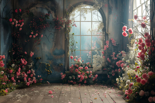 Maternity backdrop, wedding backdrop, photography background with delicate flowers and vintage wall.