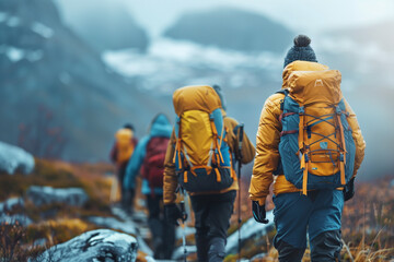 Naklejka premium Hikers trekking through mountain trail