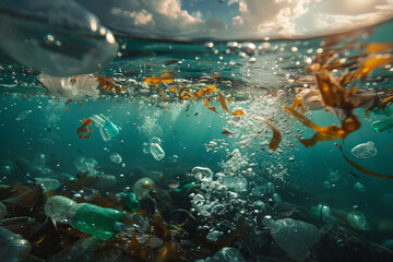 The concept of environmental pollution in oceans and in water with plastic and human waste