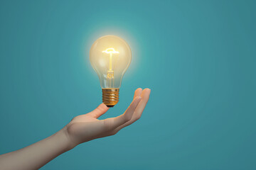 hand with floating light bulb isolated on cyan background, idea illustration