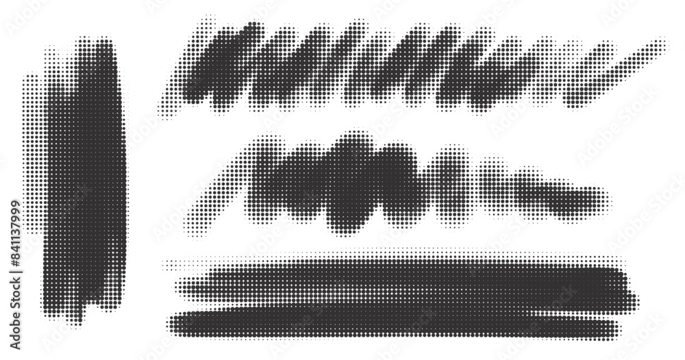 Poster halftone noisy gradient paint brush stroke. dotted vector blobs. abstract grunge elements isolated o