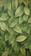 An image showcasing a close-up of numerous green leaves arranged on a textured light brown surface, wallpaper