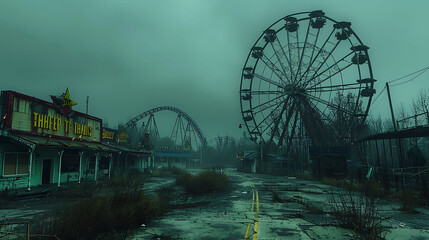 A creepy, abandoned carnival with a ghostly Ferris wheel.