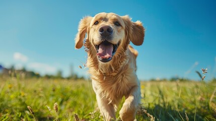 Happy golden retriever dog running in a green field under a clear blue sky. The dog looks joyful and full of energy.