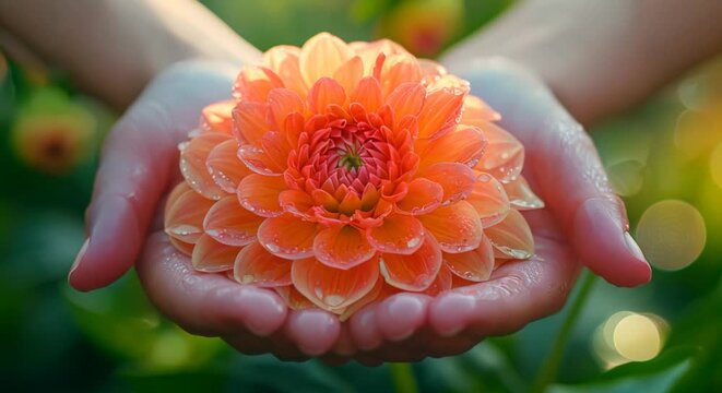 Hand holding a single, perfect dahlia, focus on flower with background blur and copy space for personal growth themes