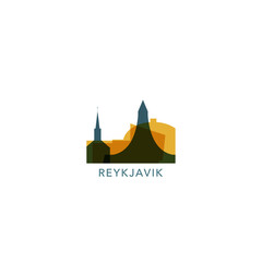 Reykjavik skyline, downtown panorama logo, logotype. Iceland capital city badge contour, isolated vector pictogram with cathedral, monuments, landmarks, skyscraper