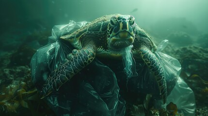 Obraz premium Environmental issue of plastic pollution problem. Sea Turtles can eat plastic bags mistaking them for jellyfish Sea turtle trapped in a plastic bag, Stop ocean plastic pollution 