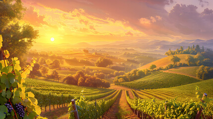 Naklejka premium Golden Sunset Over Vineyard and Rolling Hills