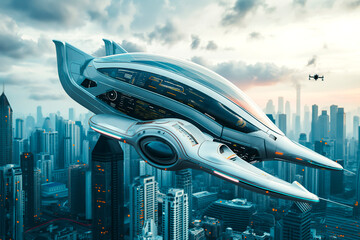 Futuristic flying car. Spaceship hovering over a city urban landscape. Industrial transport in the future.