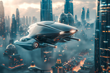 Futuristic flying car. Spaceship hovering over a city urban landscape. Industrial transport in the future.