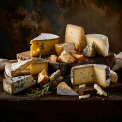 Assorted Gourmet Cheeses on Rustic Wooden Board with Dark Background