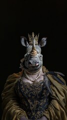 Fototapeta premium A crowned rhinoceros wearing a luxurious outfit on a black background.