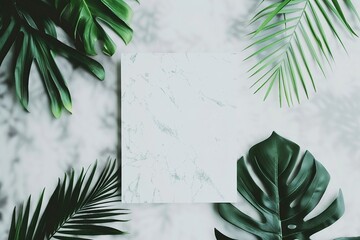 Summer composition. Tropical palm leaves, marble paper blank on pastel gray background. Summer concept. Flat lay, top view, copy space. generative ai