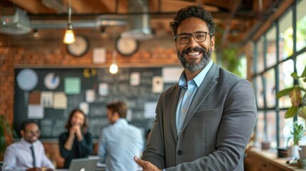 Fototapeta premium Confident business professional in a suit standing in a modern office space, smiling at the camera.