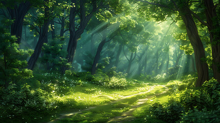 Obraz premium Sunlit Forest Path Through Lush Greenery