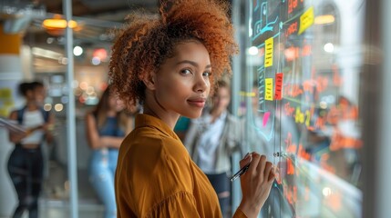 Obraz premium Confident businesswoman using sticky notes on glass wall in office.
