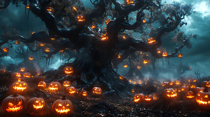  A dark, twisted tree with jack-o'-lanterns hanging from its branches.