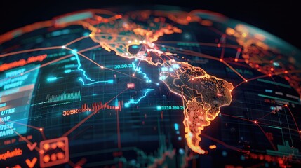 High-tech digital map showing global cryptocurrency trading flows with lines connecting different countries, illuminated on a dark globe