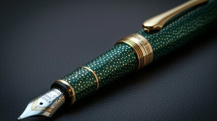 Close-up of a green fountain pen with gold accents, capturing the textured grip and detailed nib, isolated background, studio lighting