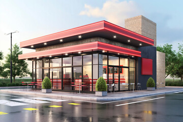 Front view of a fast-food restaurant franchise store