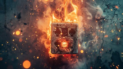 A smoking electrical socket with sparks shooting out, captured in a raw and gritty style, highlighting the danger and damage