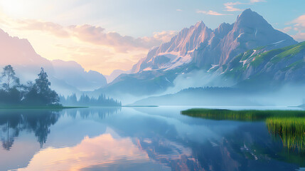 Fototapeta premium Misty Mountain Lake at Sunrise with Reflections