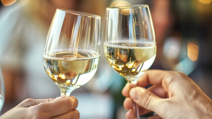 Making a celebratory toast with hands holding glasses of champagne or wine. Birthday, holiday, party, and friendship concept.