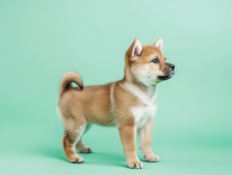 Cute Shiba Inu Puppy Standing on Mint Green Background with Clear Space